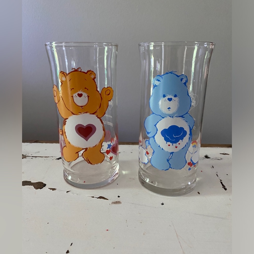2 Vintage Care Bears Grumpy Bear & Tenderheart 1983 Pizza Hut Drinking Glass